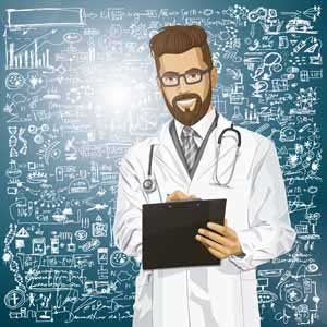 bearded nurse standing in front of chalk board with trends