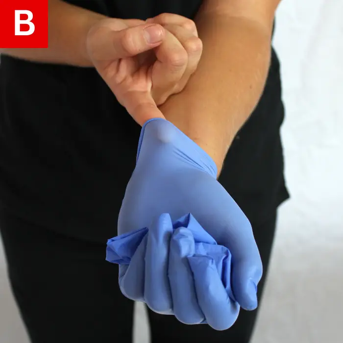 Figure 2b placing the glove in the palm of the other gloved hand 