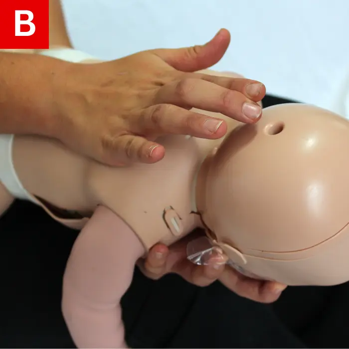 Give five back slaps between the infant’s shoulder blades with the heel of your hand