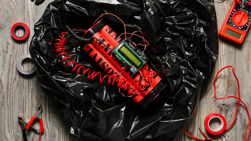 bomb and tools on wooden background